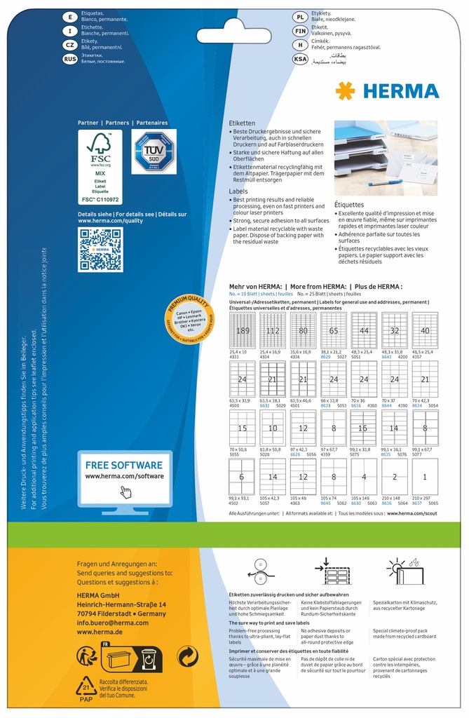 HERMA PREMIUM A4 Multi-purpose labels 210 x 297 mm paper matt 25 pcs