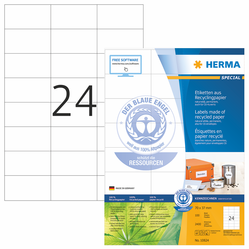 HERMA SPECIAL A4 Étiquettes recycling 70 x 37 mm blanches nature papier recyclé mat 2400 pcs