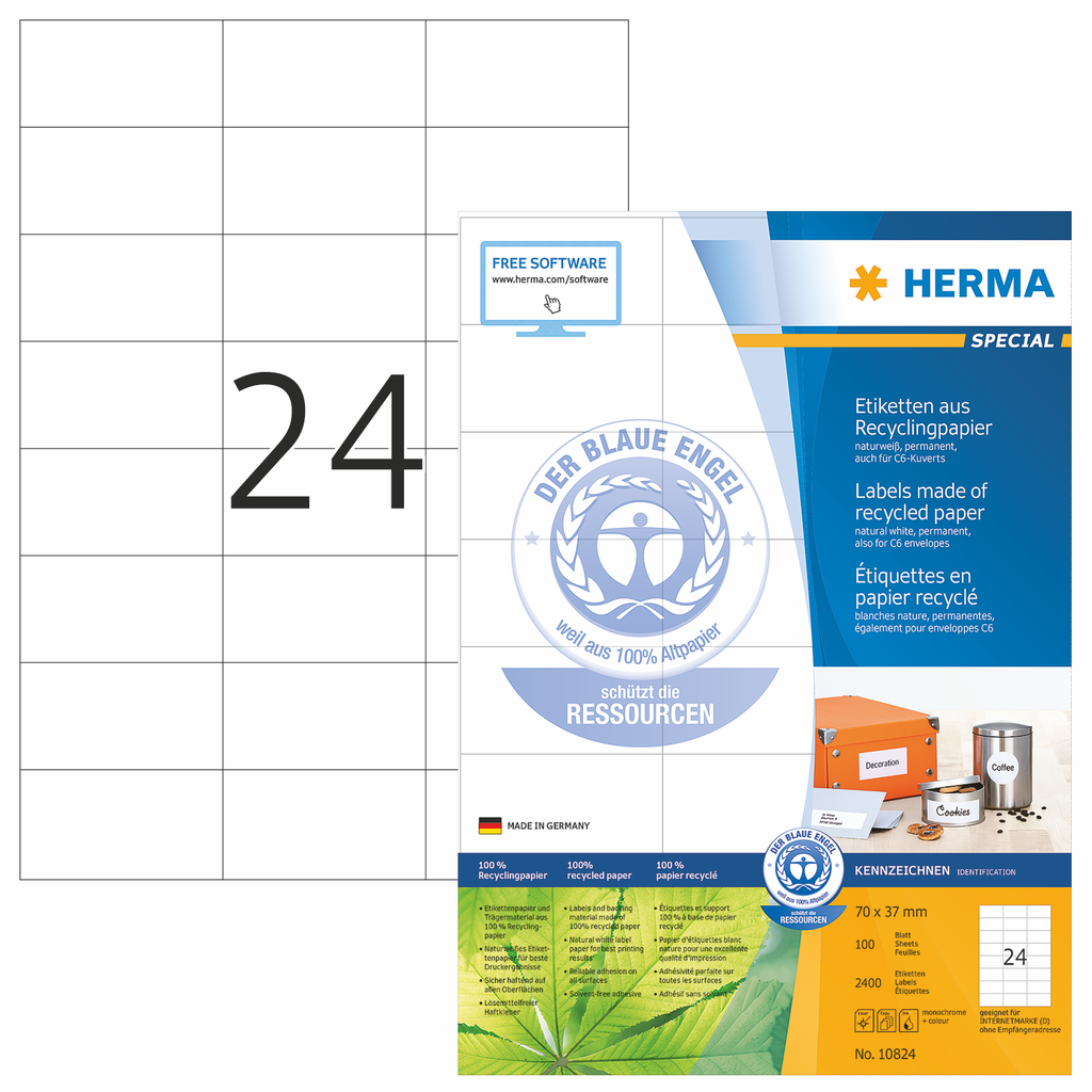 HERMA SPECIAL A4 Recycling labels 70 x 37 mm natural white recycled paper matt 2400 pcs