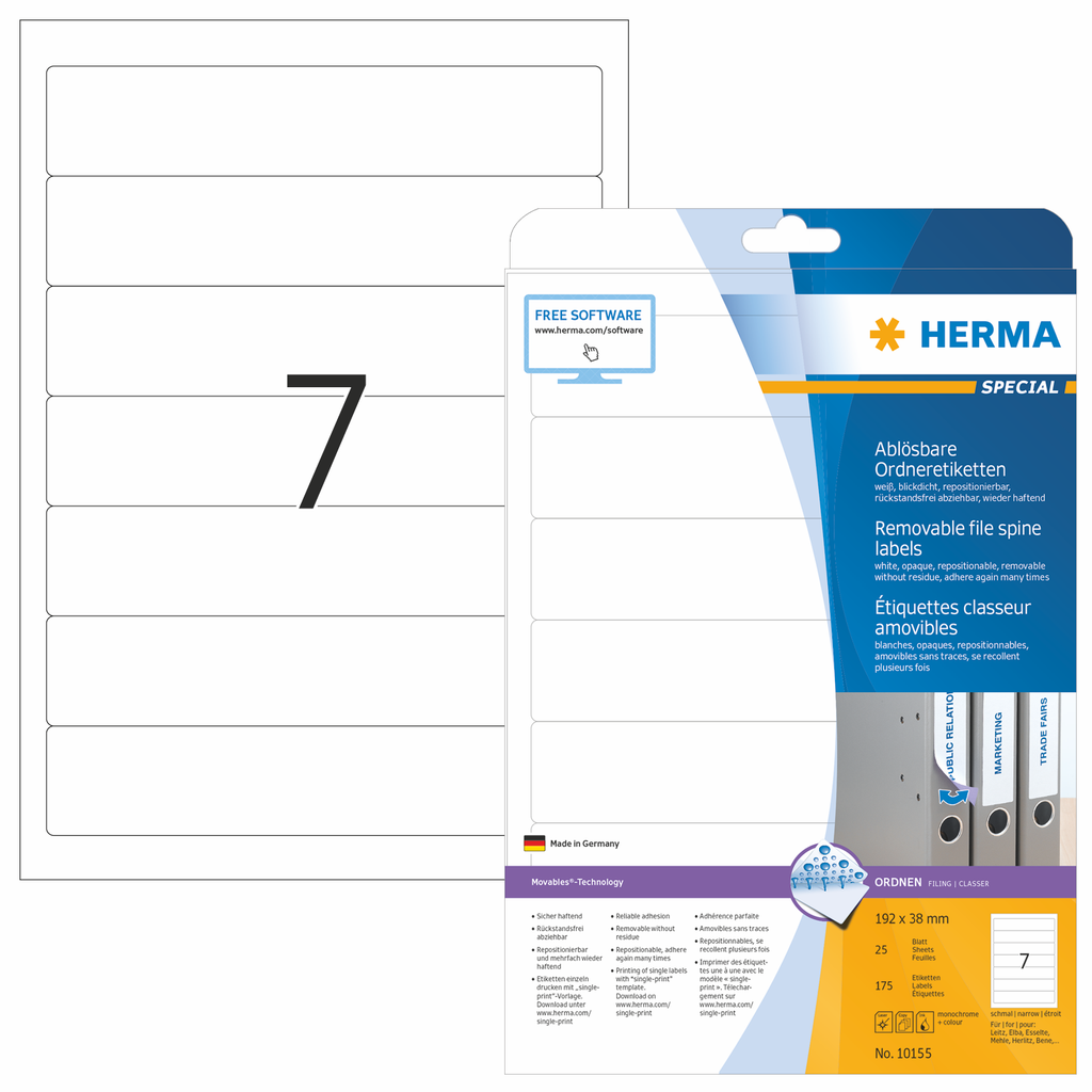 HERMA SPECIAL A4 Ordner labels movables/removable 192 x 38 mm paper matt opaque 175 pcs