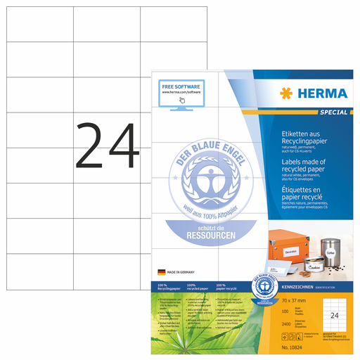 HERMA SPECIAL A4 Étiquettes recycling 70 x 37 mm blanches nature papier recyclé mat 2400 pcs