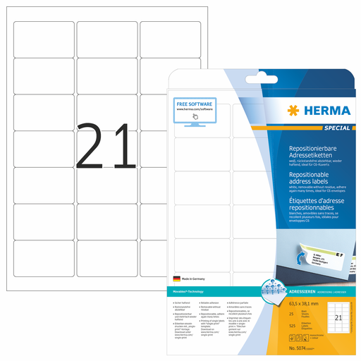 HERMA SPECIAL A4 Verwijderbare en repositioneerbare adresetiketten A4 63,5 x 38,1 mm wit papier mat 525 st