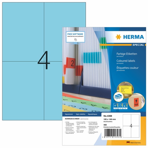 HERMA SPECIAL A4 Étiquettes couleurs 105 x 148 mm bleues papier mat 400 pcs
