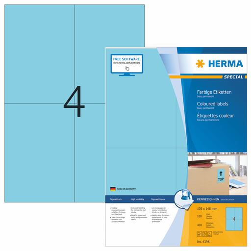 HERMA SPECIAL A4 Coloured labels 105 x 148 mm paper blue mat 400 pcs