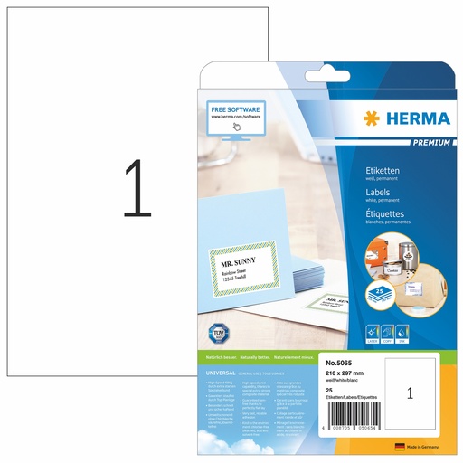 HERMA PREMIUM A4 Étiquettes tous usages 210 x 297 mm blanches papier mat 25 pcs